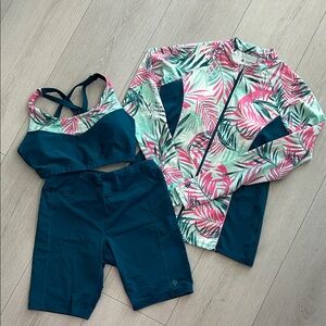 Coolibar Tropical Leaf Print Rash Guard & Two Piece Swim Suit